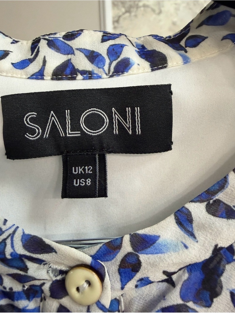 SALONI White Blouse with Blue Botanical Print and Ruffle Trim